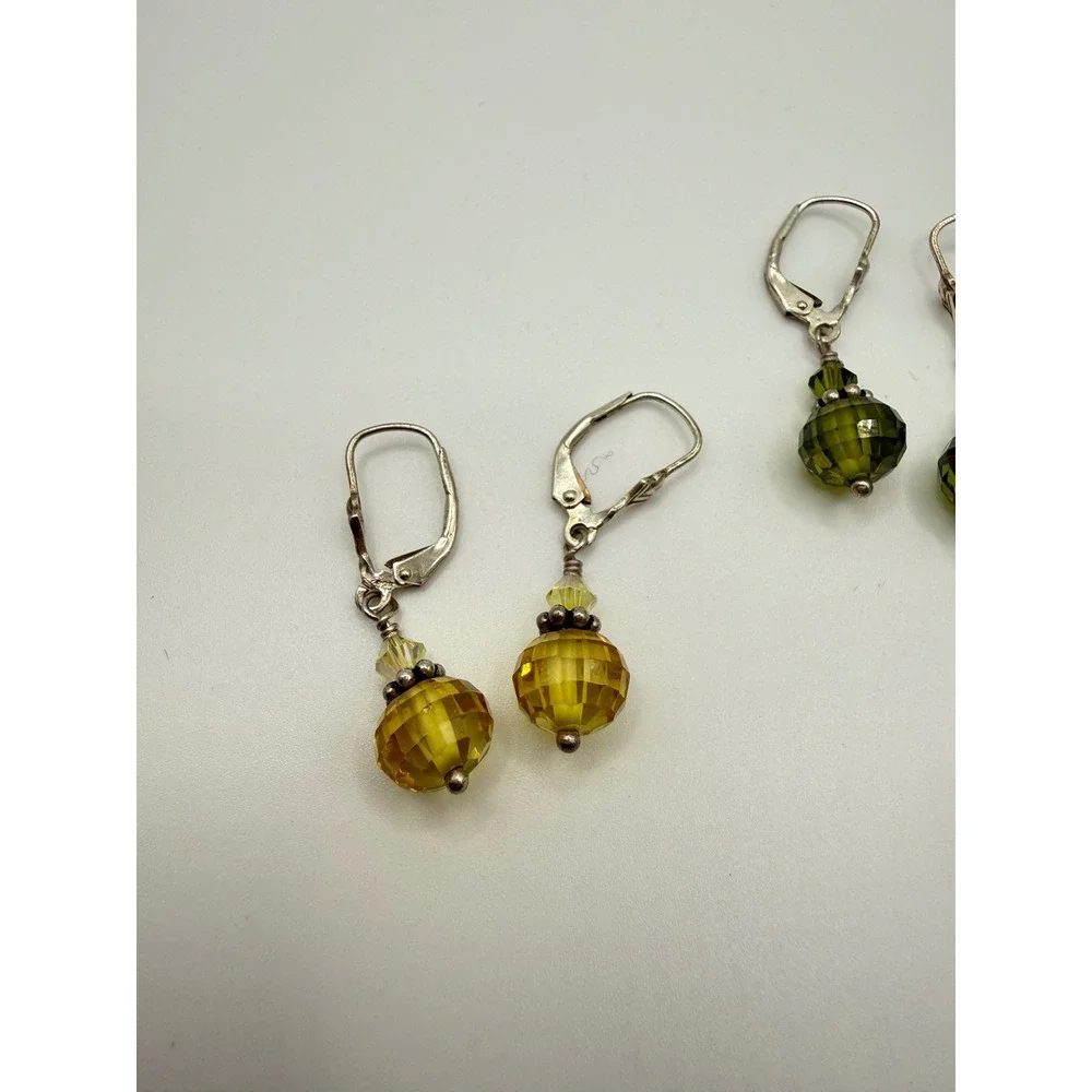 Set of 3 Sterling Silver 925 Faceted Crystal Leverback Earrings Yellow Green Red